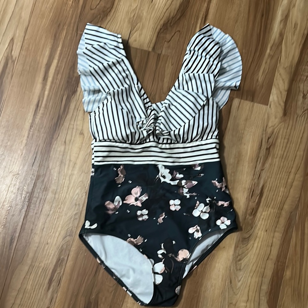 Striped and Floral One-Piece Swimsuit